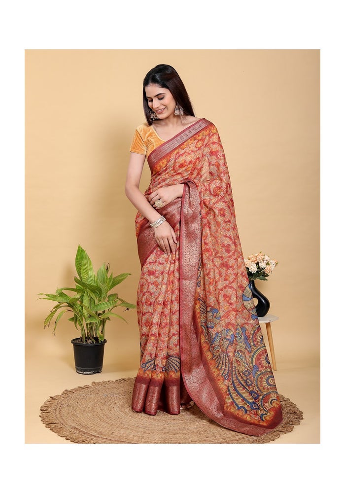 Malishka Export Vibrant Red Artistic Peacock Saree for Women - Image 1